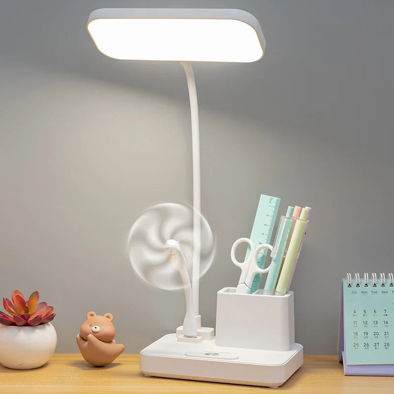 Lampe de bureau enfant rechargeable blanche avec pot à crayons et bras flexible