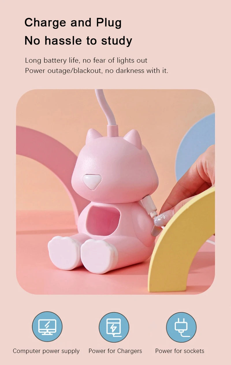 Lampe de bureau enfant chat rechargeable avec support téléphone