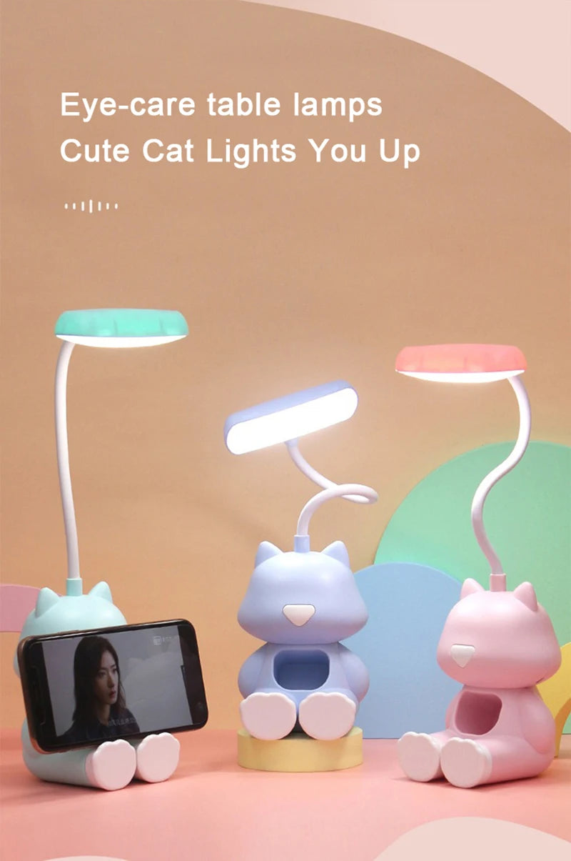 Lampe de bureau enfant chat rechargeable avec support téléphone
