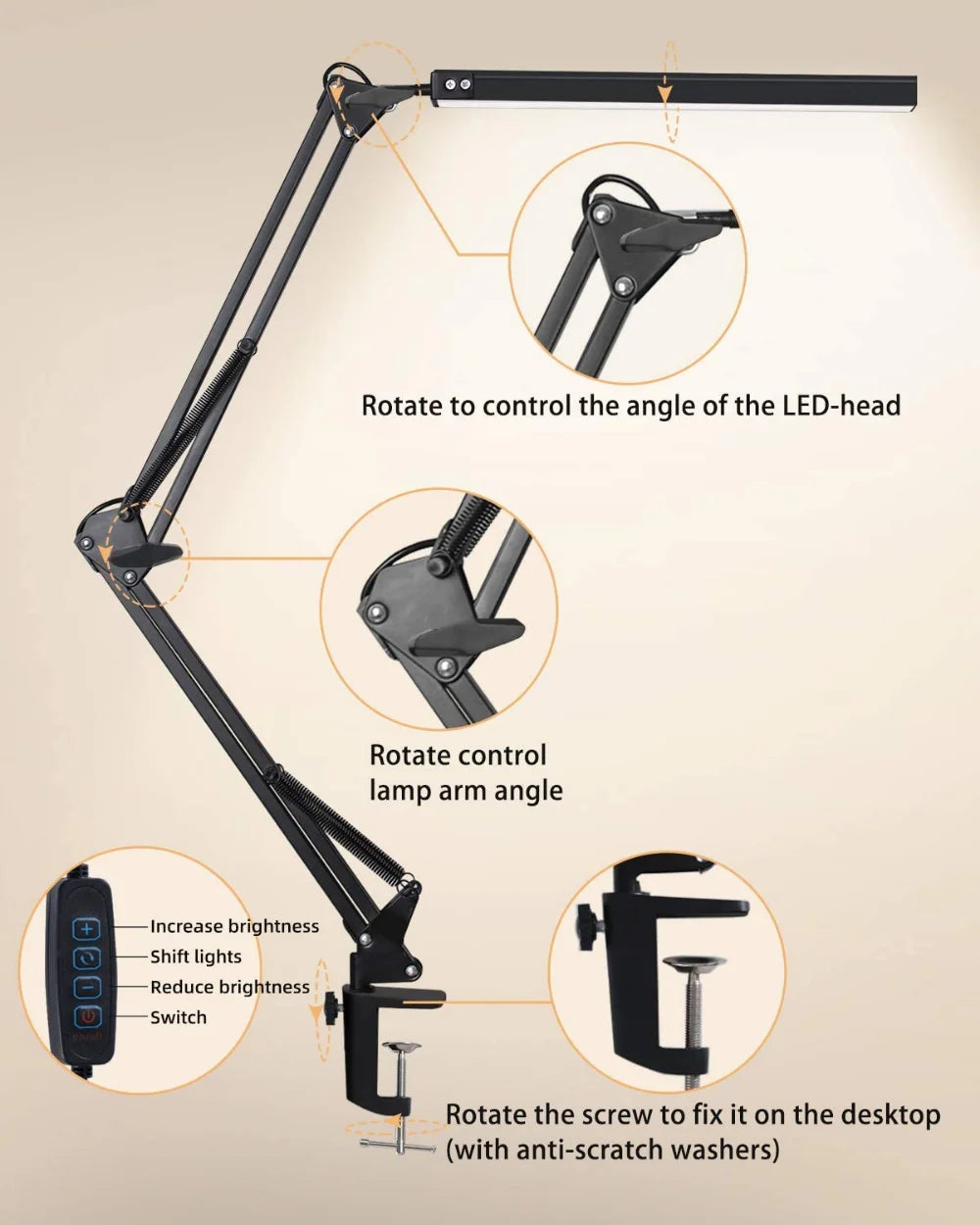 Lampe de bureau LED à pince avec bras articulé