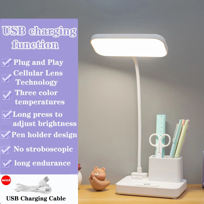 Lampe de bureau enfant rechargeable blanche avec pot à crayons et bras flexible