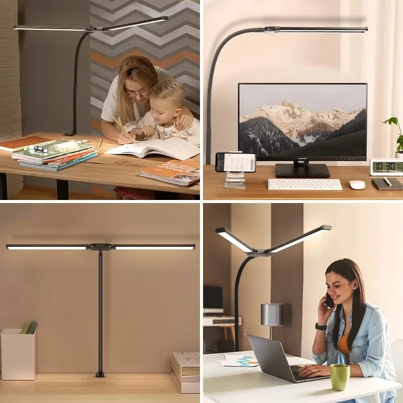 Lampe de bureau LED à pince, double tête et col de cygne flexible