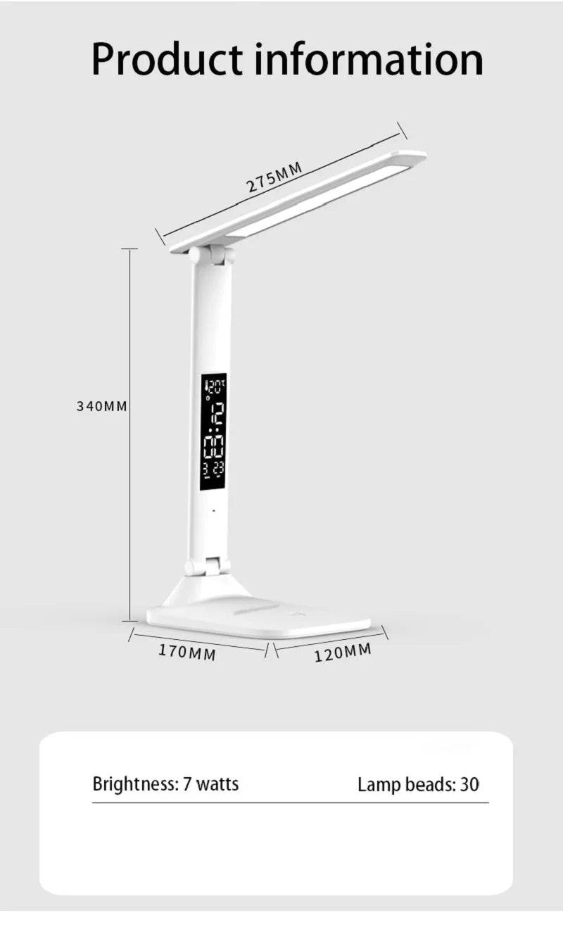 Lampe de bureau LED pliable avec écran horloge et température