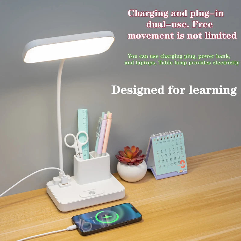 Lampe de bureau enfant rechargeable blanche avec pot à crayons et bras flexible