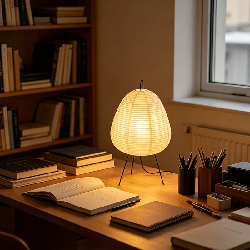 Lampe de bureau LED en papier de riz sur trépied en métal