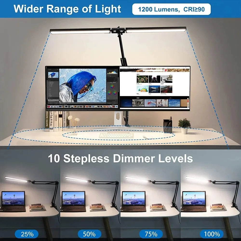 Lampe de bureau LED à pince, double tête et col de cygne flexible