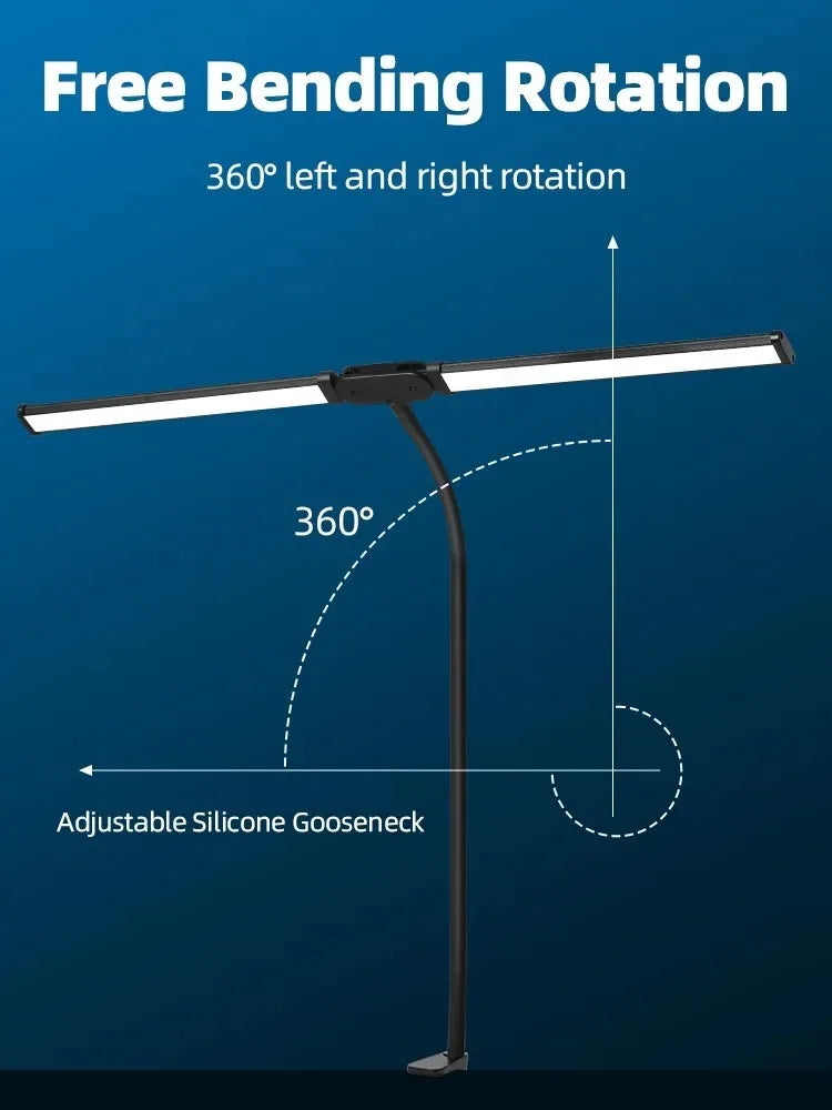 Lampe de bureau LED à pince, double tête et col de cygne flexible