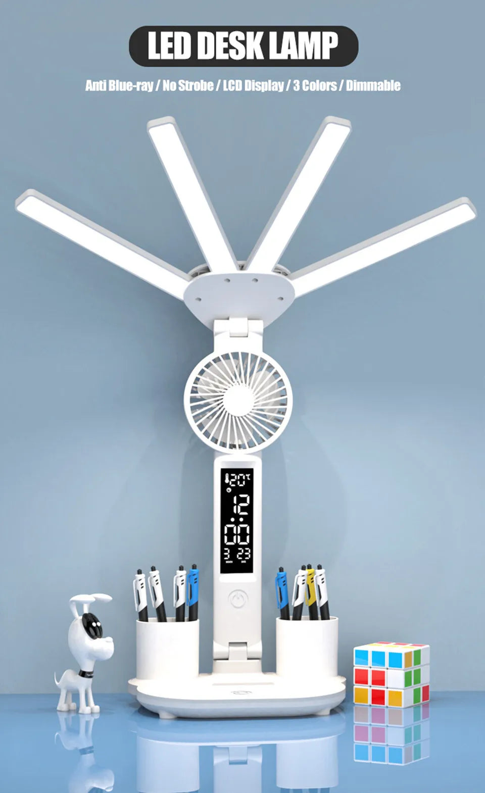 Lampe de bureau enfant à 4 bras lumineux avec ventilateur et horloge