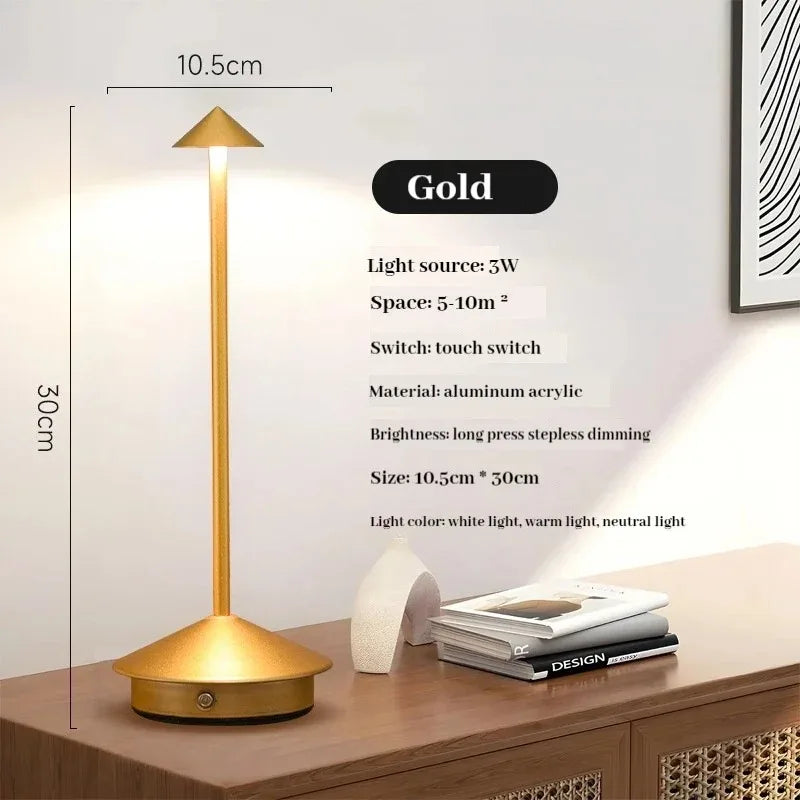 Lampe de bureau sans fil en métal à chapeau conique, rechargeable