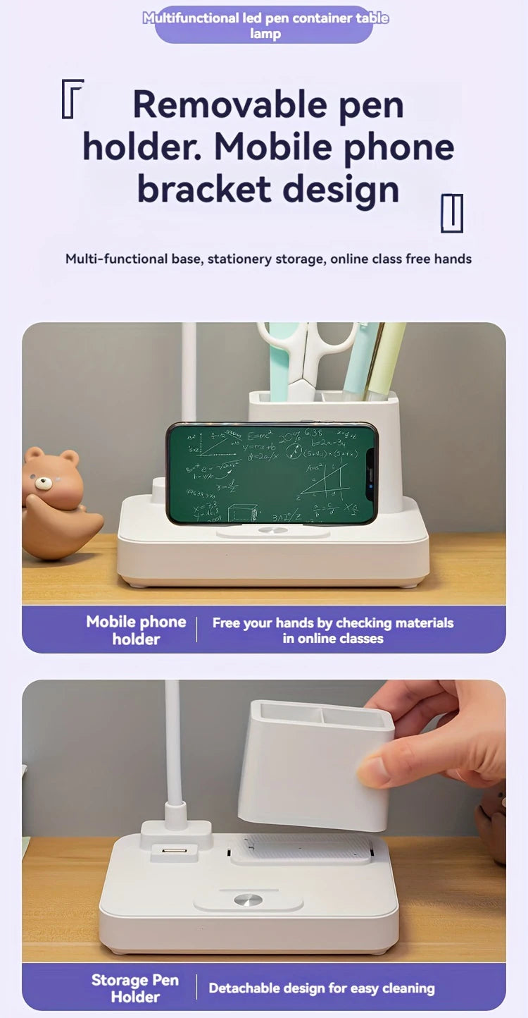Lampe de bureau enfant rechargeable blanche avec pot à crayons et bras flexible