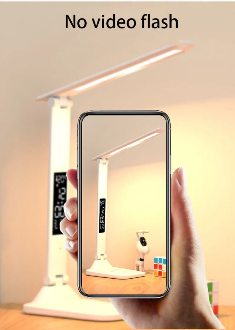 Lampe de bureau LED pliable avec écran horloge et température
