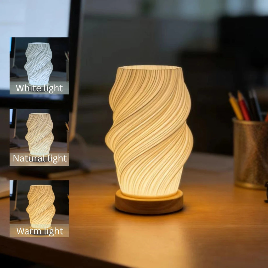 Lampe de bureau LED abat-jour torsadé imprimé en 3D, socle en bois