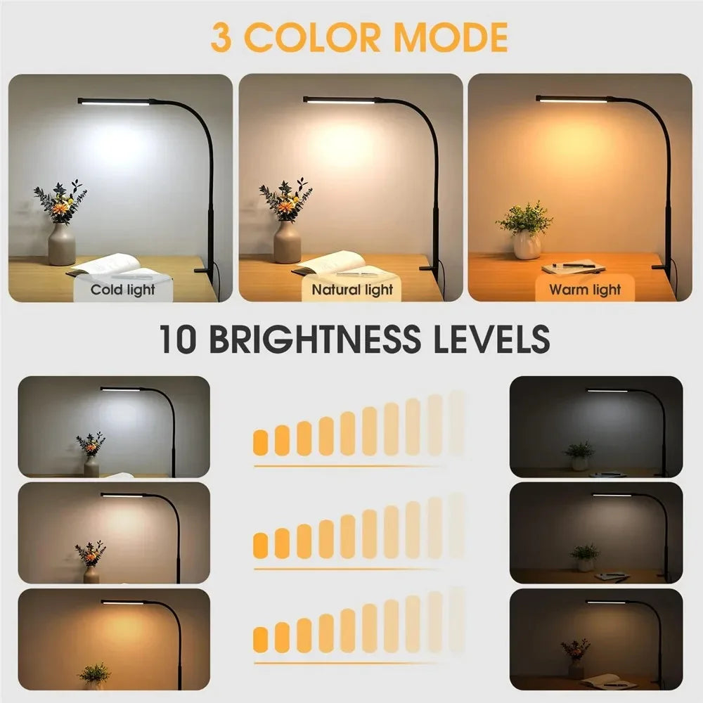 Lampe de bureau LED à pince, double tête et col de cygne flexible