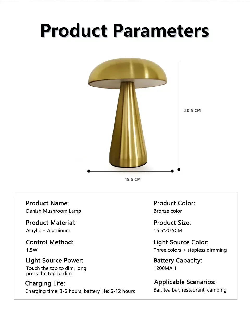 Lampe de bureau sans fil champignon rétro en métal