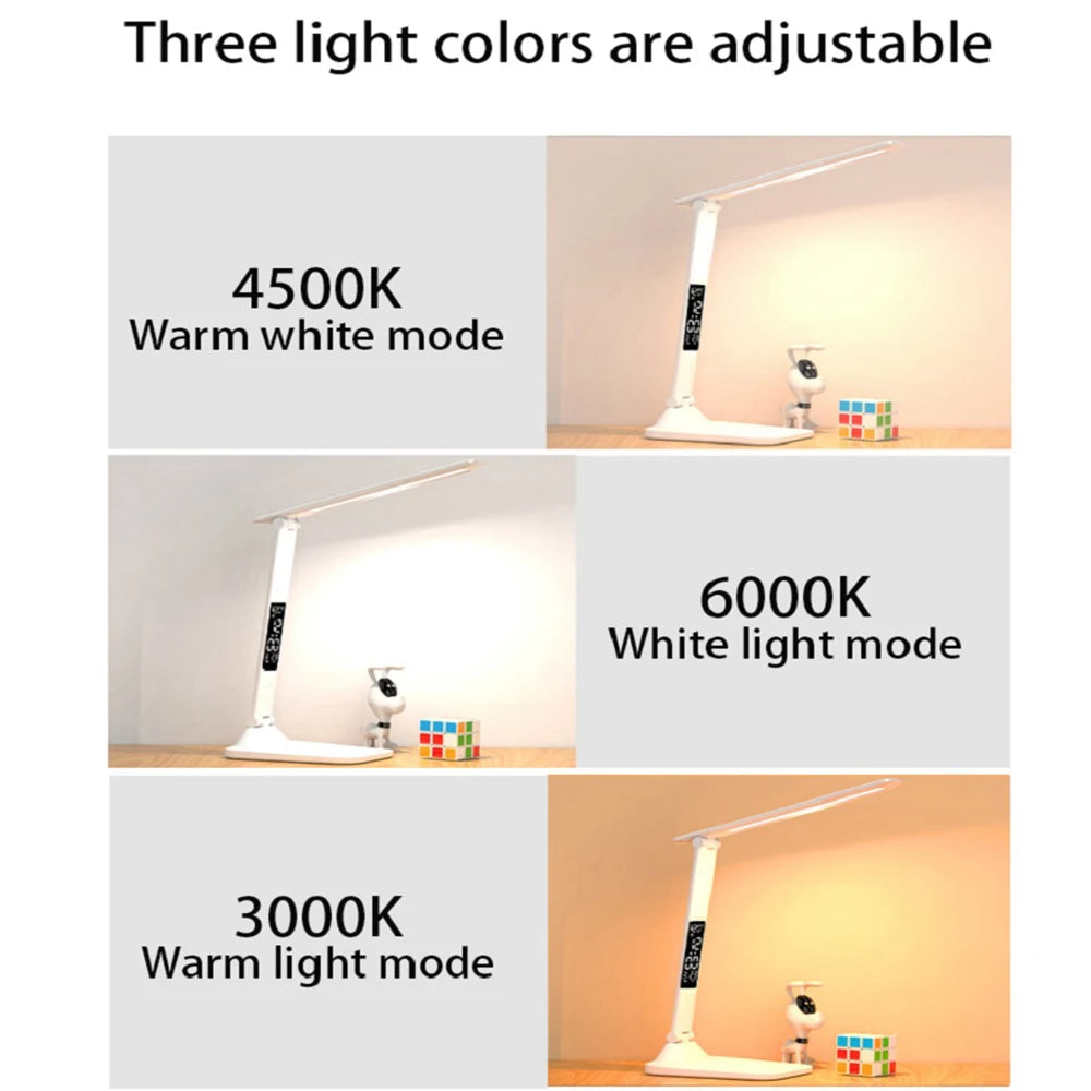 Lampe de bureau LED pliable avec écran horloge et température