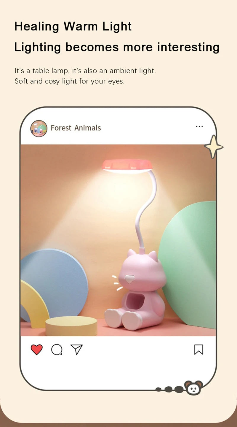 Lampe de bureau enfant chat rechargeable avec support téléphone