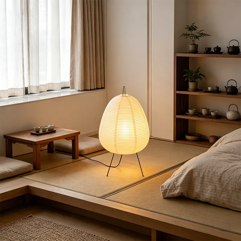 Lampe de bureau LED en papier de riz sur trépied en métal