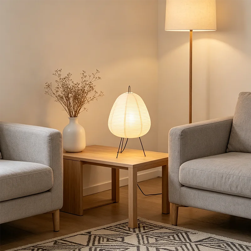 Lampe de bureau LED en papier de riz sur trépied en métal