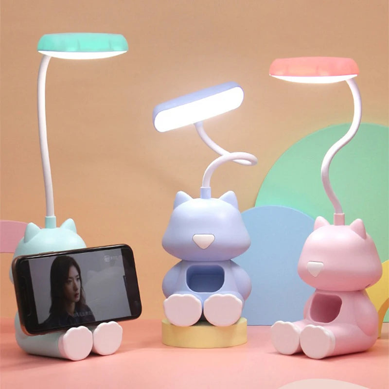 Lampe de bureau enfant chat rechargeable avec support téléphone