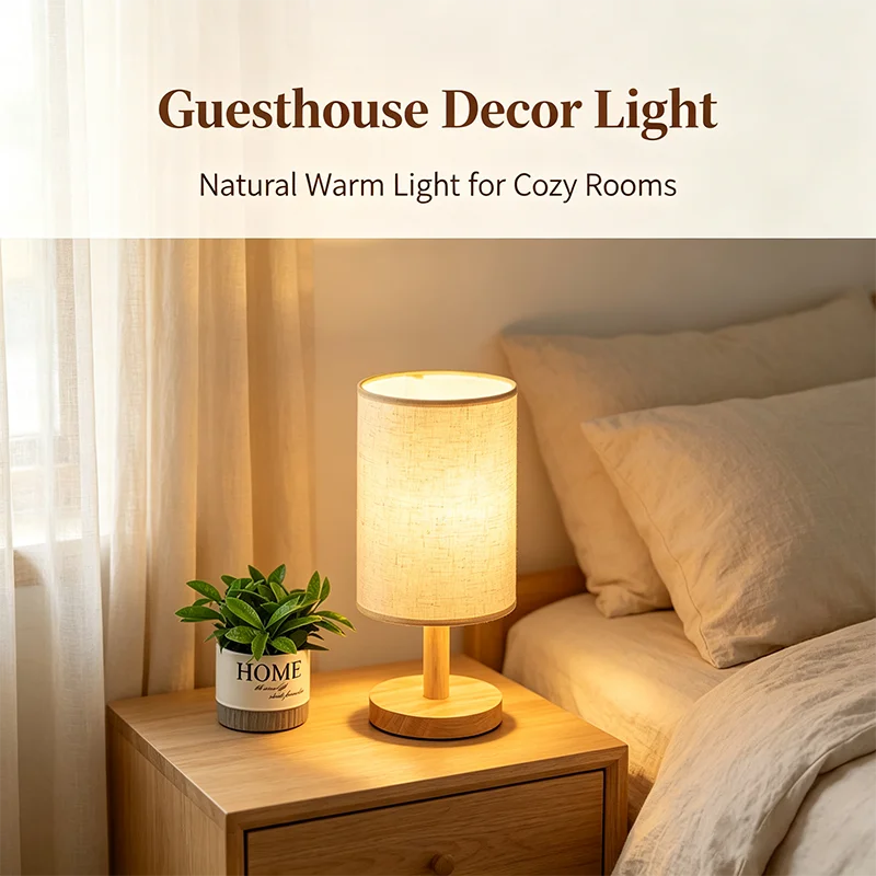 Lampe de bureau LED abat-jour en tissu et pied en bois, 3 teintes