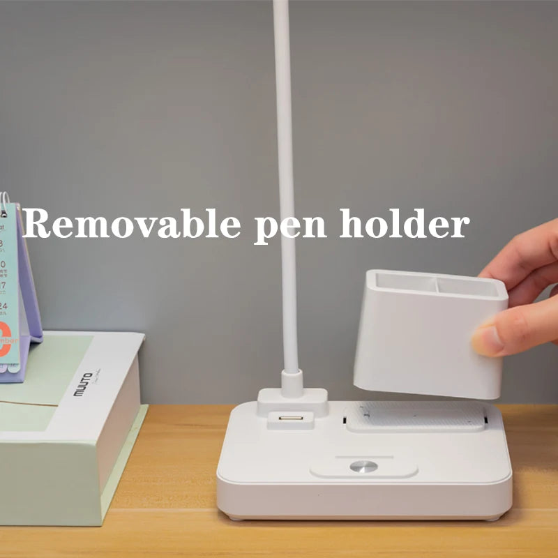 Lampe de bureau enfant rechargeable blanche avec pot à crayons et bras flexible
