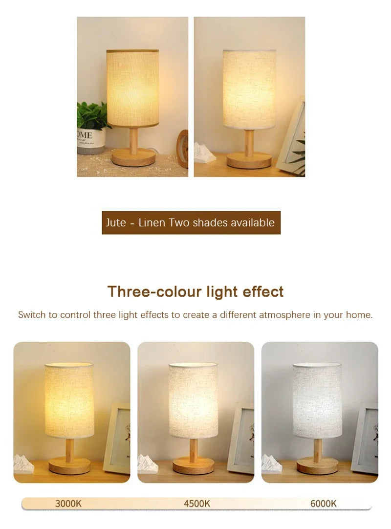 Lampe de bureau LED abat-jour en tissu et pied en bois, 3 teintes
