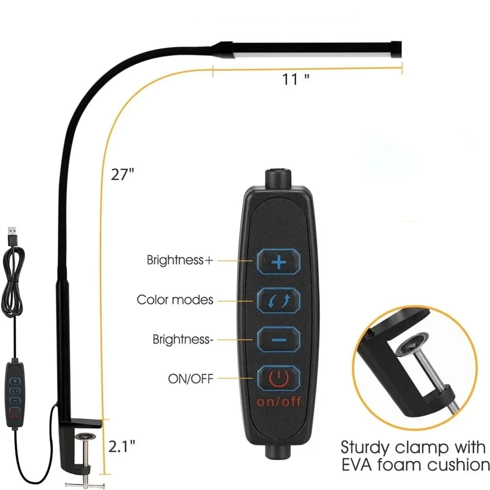 Lampe de bureau LED à pince, double tête et col de cygne flexible