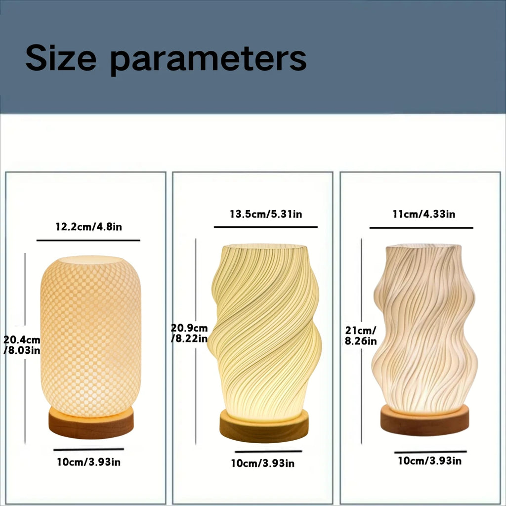 Lampe de bureau LED abat-jour torsadé imprimé en 3D, socle en bois