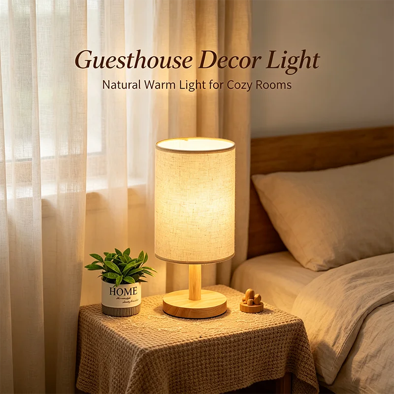 Lampe de bureau LED abat-jour en tissu et pied en bois, 3 teintes