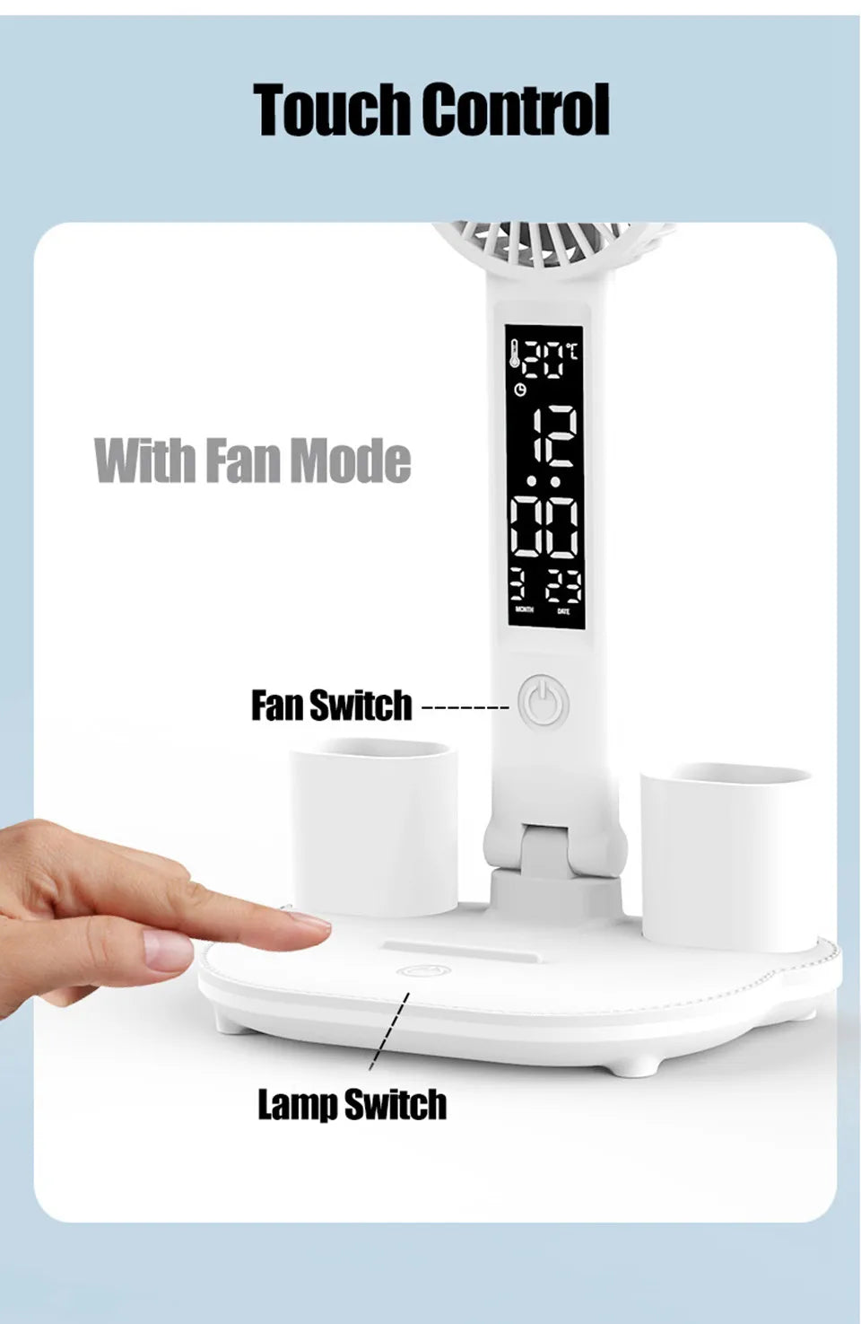 Lampe de bureau enfant à 4 bras lumineux avec ventilateur et horloge