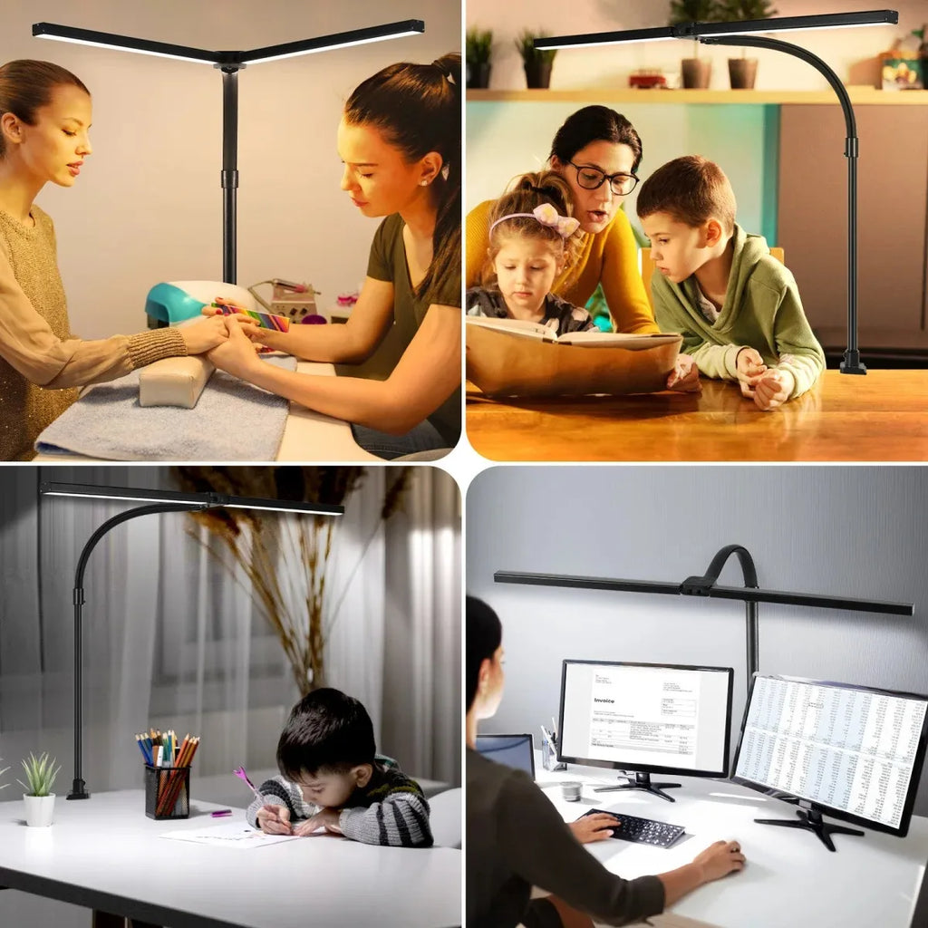 Lampe de bureau LED à pince, double tête et col de cygne flexible