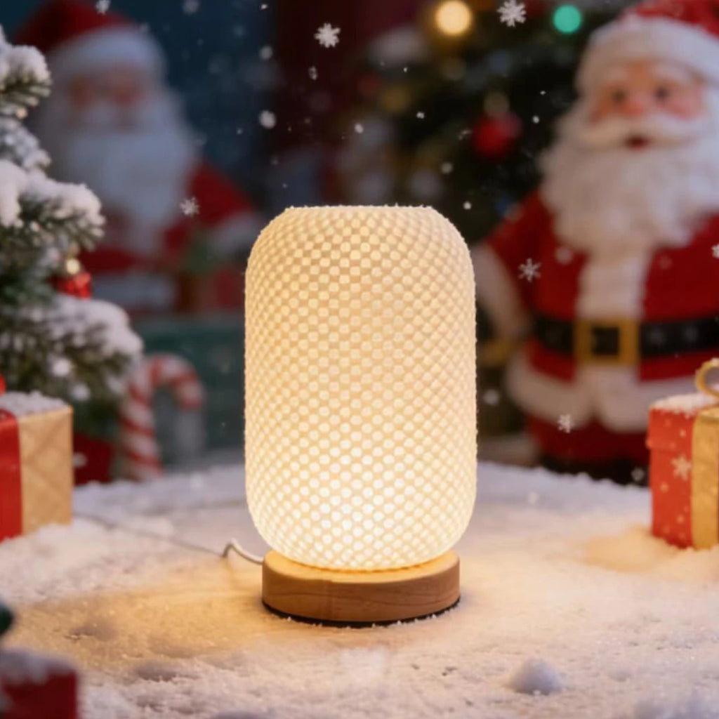 Lampe de bureau LED abat-jour torsadé imprimé en 3D, socle en bois