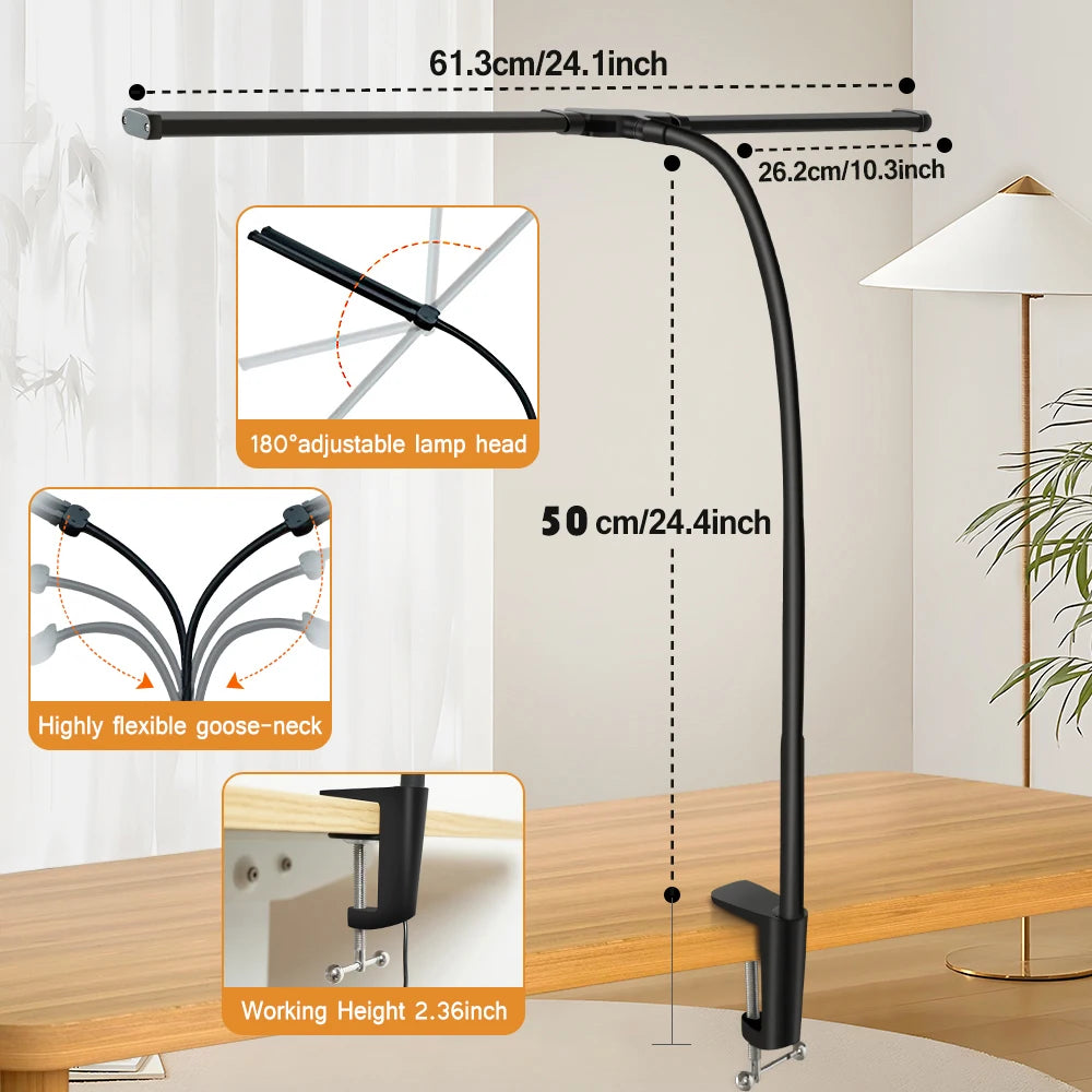 Lampe de bureau LED à pince, double tête et col de cygne flexible