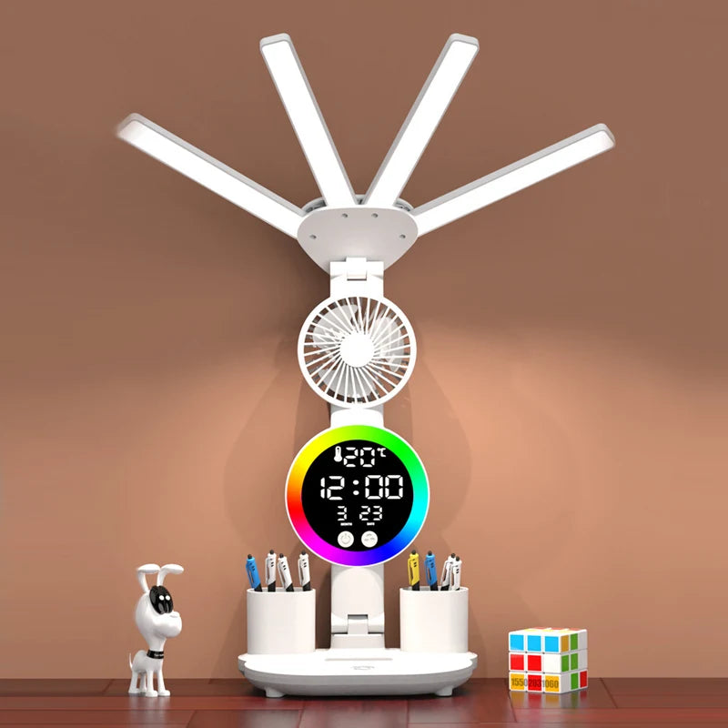 Lampe de bureau enfant à 4 bras lumineux avec ventilateur et horloge