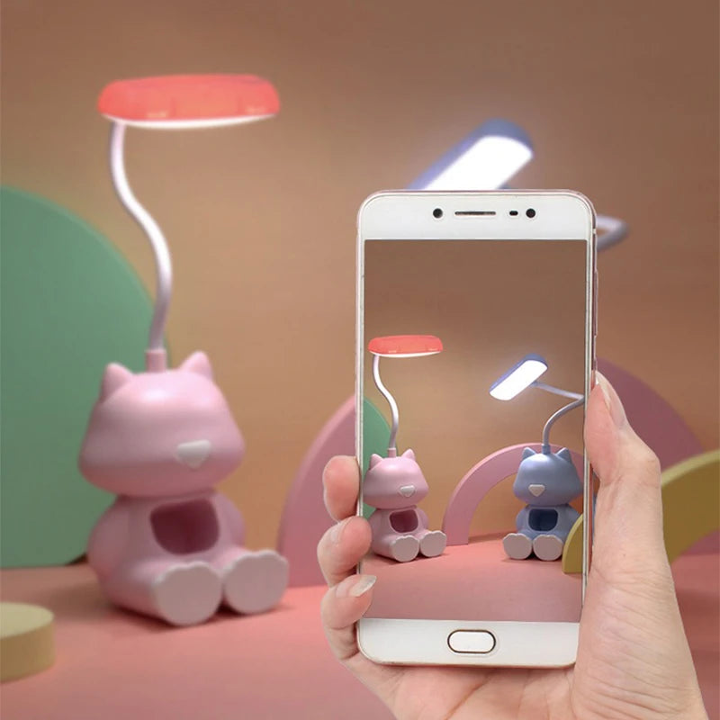 Lampe de bureau enfant chat rechargeable avec support téléphone