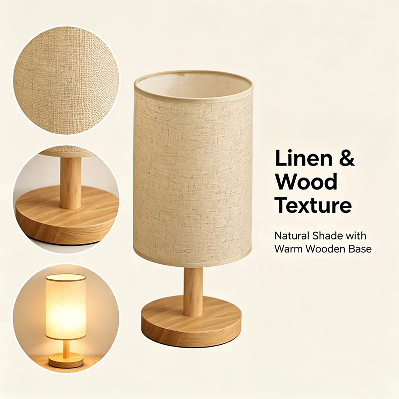 Lampe de bureau LED abat-jour en tissu et pied en bois, 3 teintes