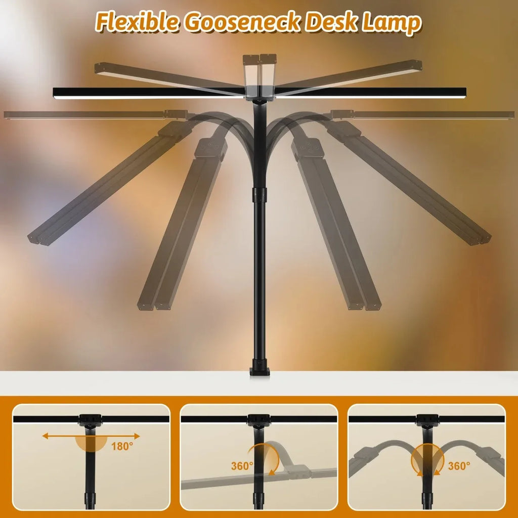 Lampe de bureau LED à pince, double tête et col de cygne flexible