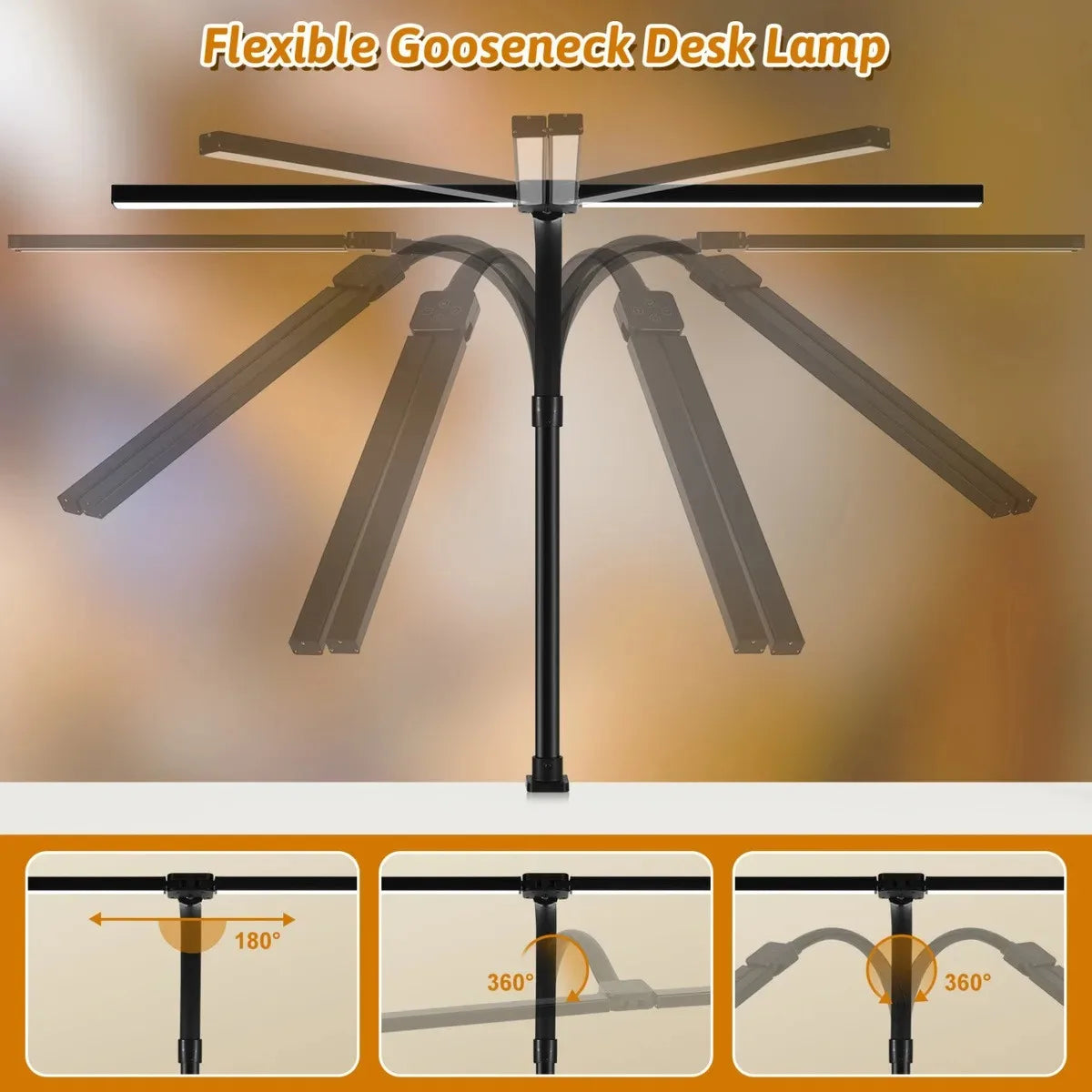 Lampe de bureau LED à pince, double tête et col de cygne flexible