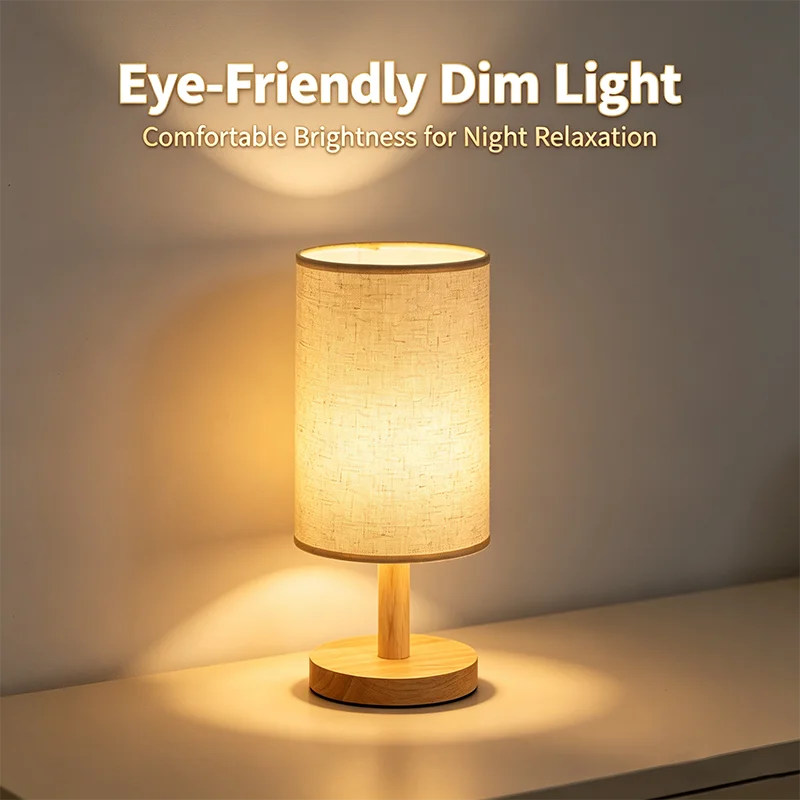 Lampe de bureau LED abat-jour en tissu et pied en bois, 3 teintes