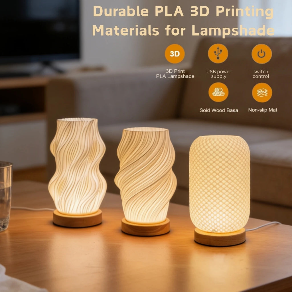 Lampe de bureau LED abat-jour torsadé imprimé en 3D, socle en bois
