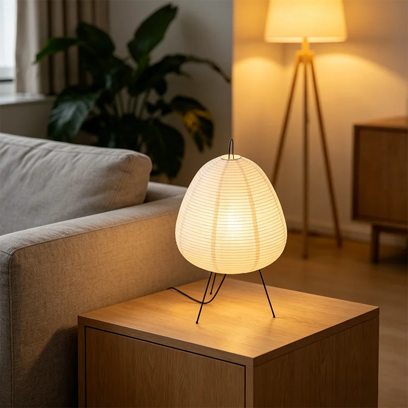 Lampe de bureau LED en papier de riz sur trépied en métal