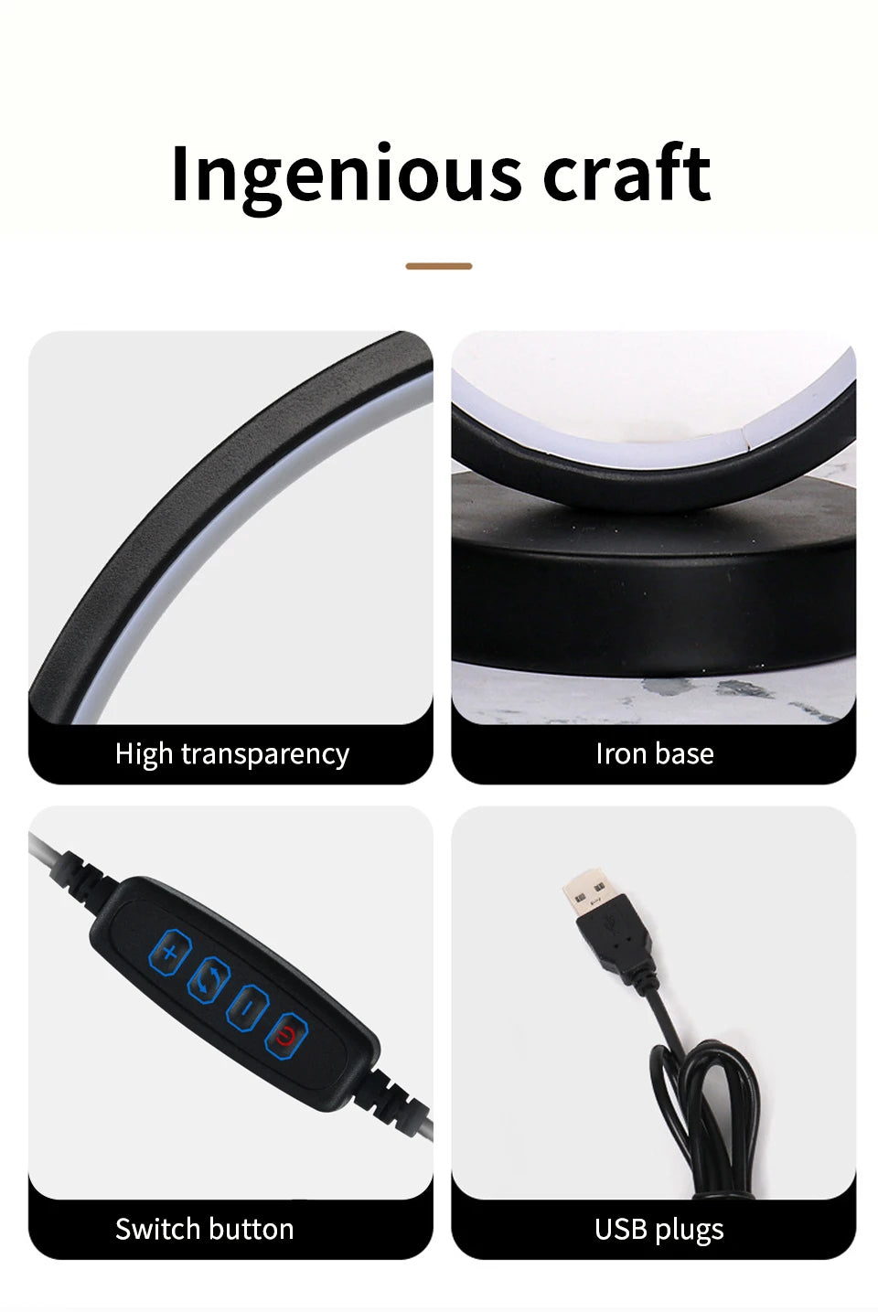 Lampe de bureau LED anneau noir avec 3 teintes